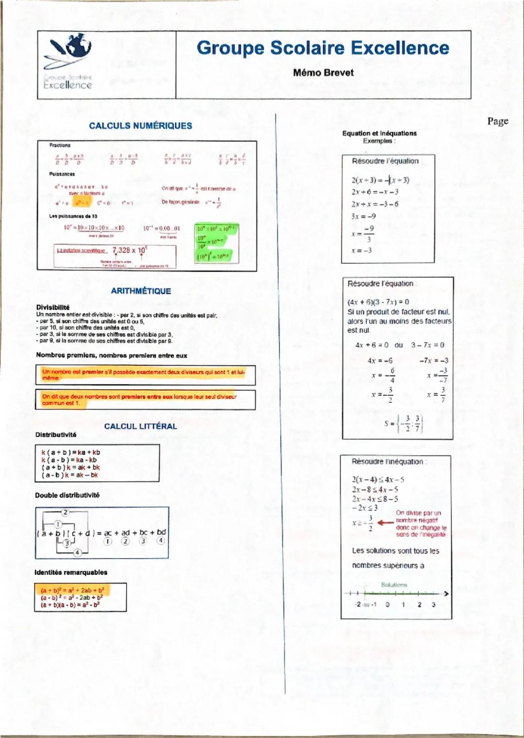 # Groupe Scolare
Excellence

# Groupe Scolaire Excellence
Mémo Brevet

# CALCULS NUMÉRIQUES

Fractiona

Puissances

Onat que estrowerse de e