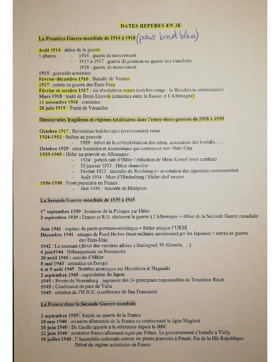 Histoire, dates repères en 3e