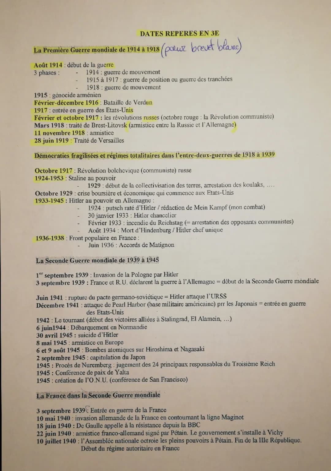 DATES REPERES EN 3E
La Première Guerre mondiale de 1914 à 1918
Août 1914 début de la guerre
3 phases:
• (poux brevet blanc)
1914 guerre de m
