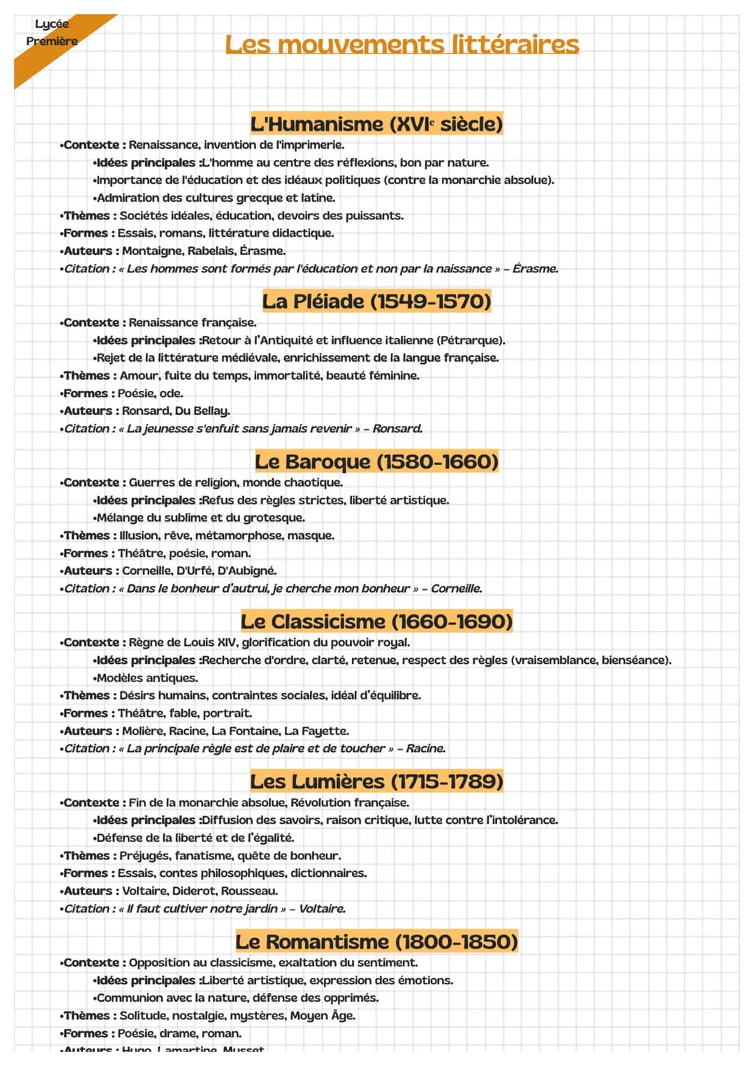 Lycée
Première
Les mouvements littéraires
L'Humanisme (XVIe siècle)
•Contexte : Renaissance, invention de l'imprimerie.
•Idées principales :
