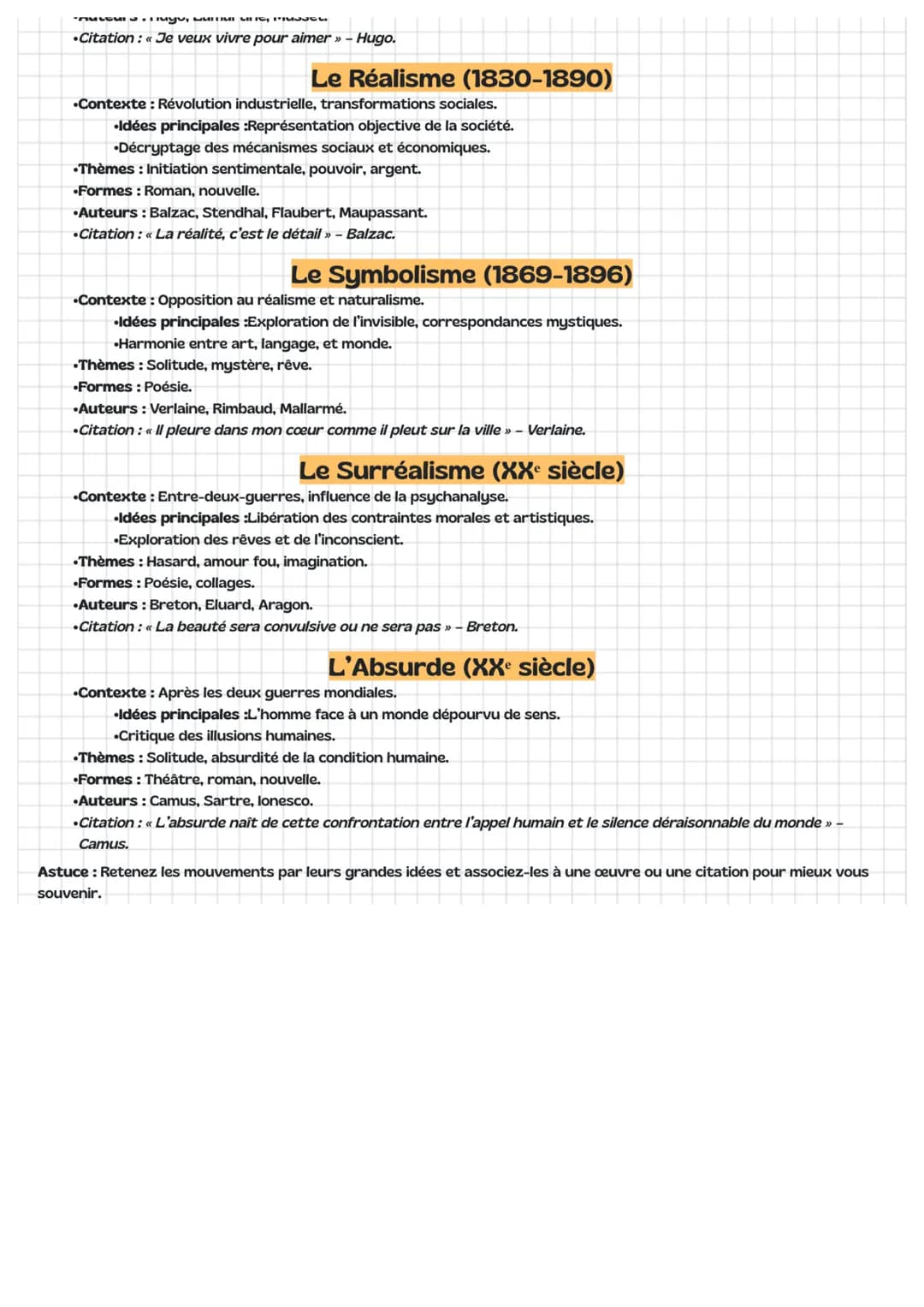 Lycée
Première
Les mouvements littéraires
L'Humanisme (XVIe siècle)
•Contexte : Renaissance, invention de l'imprimerie.
•Idées principales :