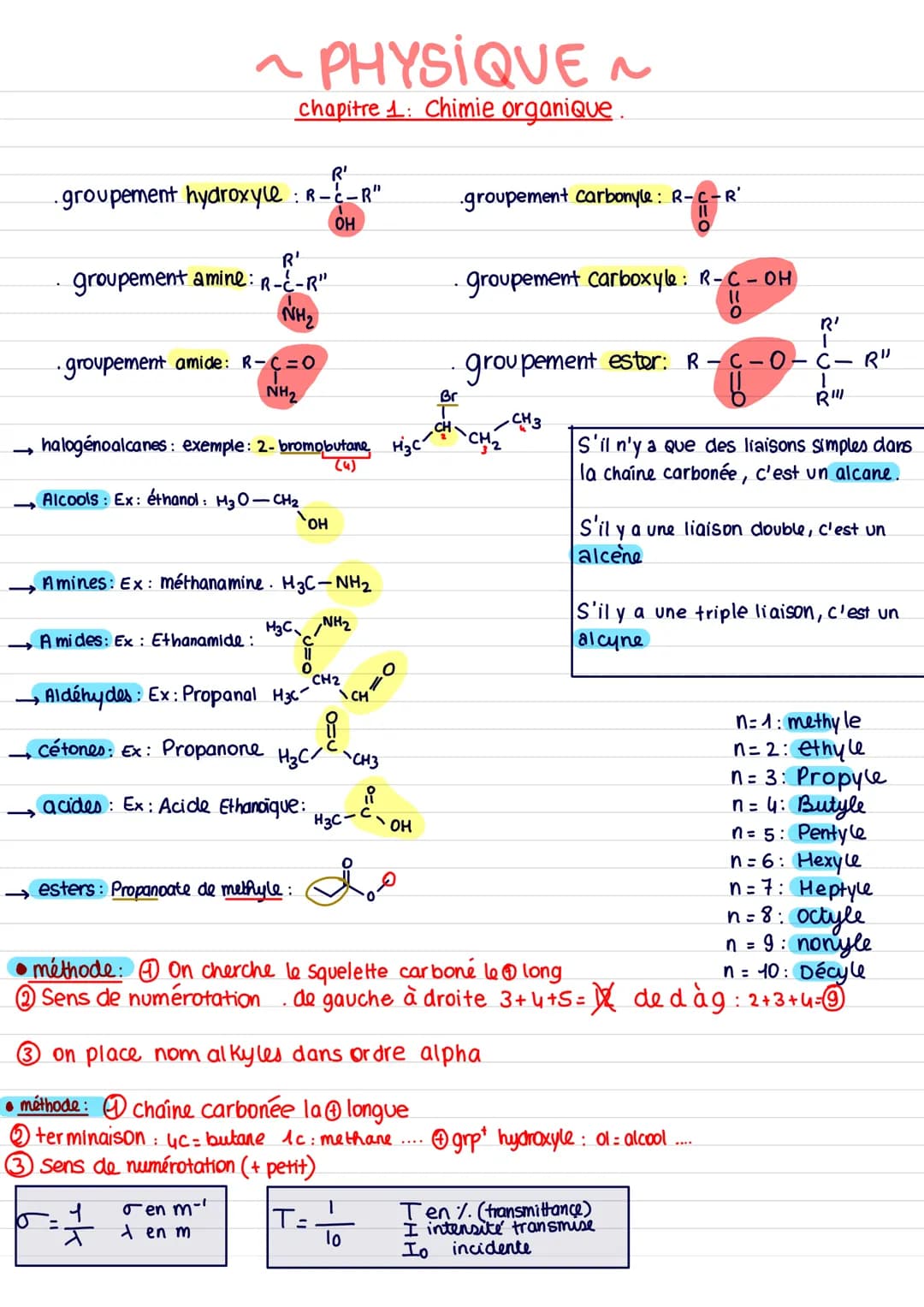 ->
R'
.groupement hydroxyle : R-C-R"
OH
~ PHYSIQUE ~
chapitre 1: Chimie organique.
R¹
groupement amine: R-C-R"
NH₂
・groupement amide: R-C=O
