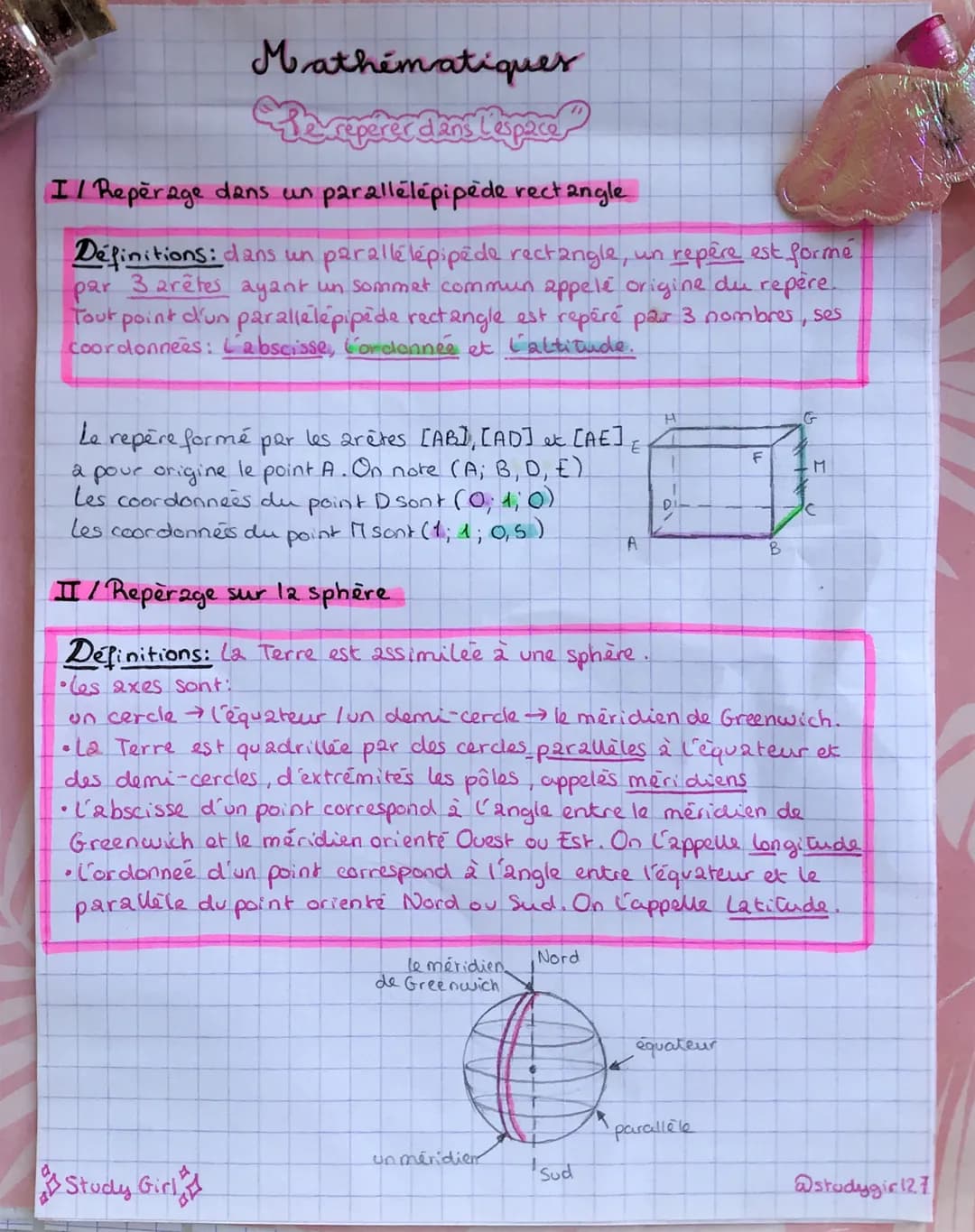 Mathématiques
He reperer dans l'espace
I/ Repérage dans un parallelepipede rectangle
Definitions: dans un parallelepipede rectangle, un repè