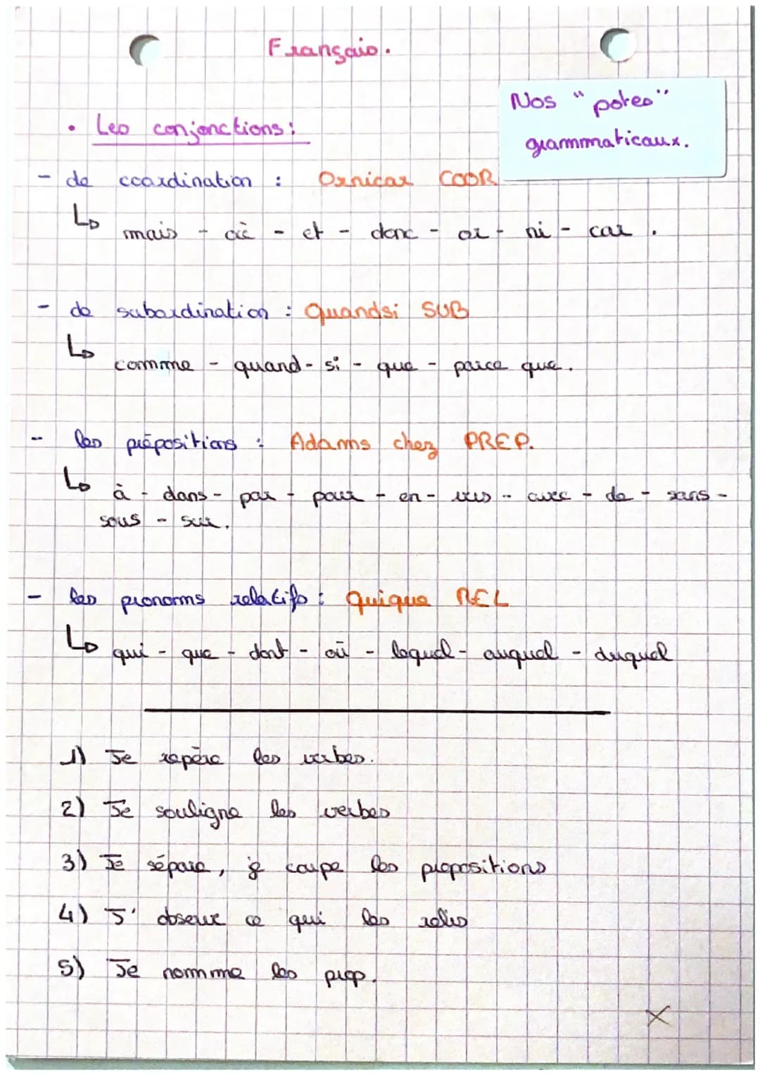 -
-
-
Français.
"
Nos
• Leo conjonctions:
de coordination : Ornicar COOR
ما
mais
potes"
grammaticaux.
et
-
donc
ai ni car
-
de subordination