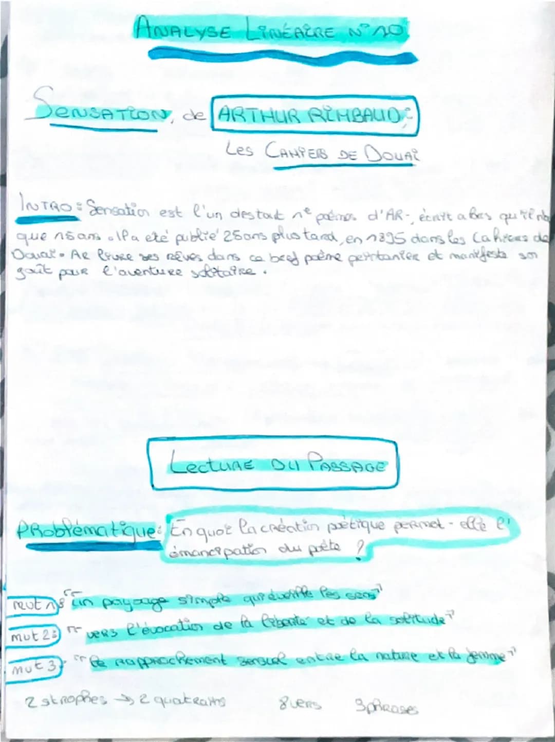 # Analyse Linéaire N°0

# Sensation de ARTHUR RIMBAUD
Les Cahiers de Douai

Intro: Sensation est l’un destext ne poèmes d’AR; écrit à l’âge 