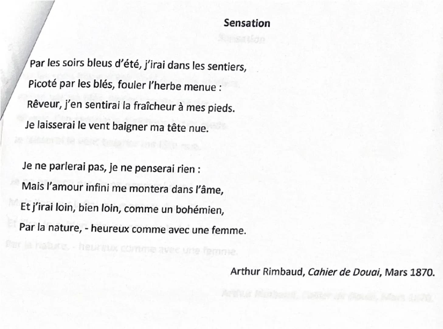 # Analyse Linéaire N°0

# Sensation de ARTHUR RIMBAUD
Les Cahiers de Douai

Intro: Sensation est l’un destext ne poèmes d’AR; écrit à l’âge 