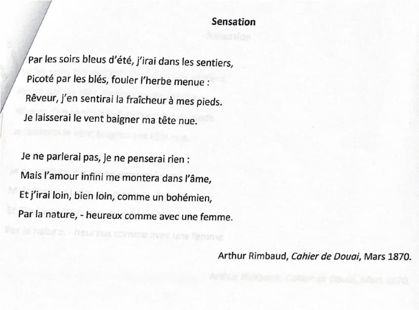 # Analyse Linéaire N°0

# Sensation de ARTHUR RIMBAUD
Les Cahiers de Douai

Intro: Sensation est l’un destext ne poèmes d’AR; écrit à l’âge 