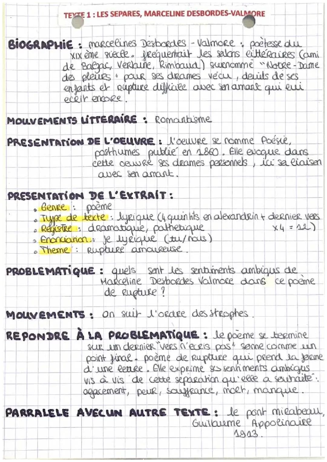 Les séparés Marceline Desbordes-Valmore et Le pont Mirabeau analyse