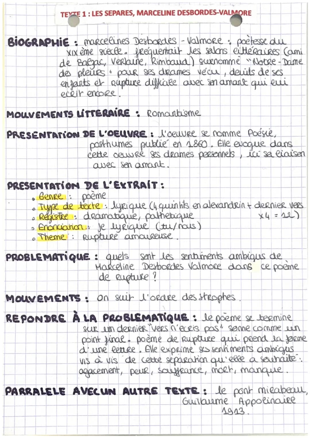 TEXTE 1: LES SEPARES, MARCELINE DESBORDES-VALMORE
BIOGRAPHIE: marcelines Desbordes - Valmore poètesse du
XIX ème siecle. frequentait les sal