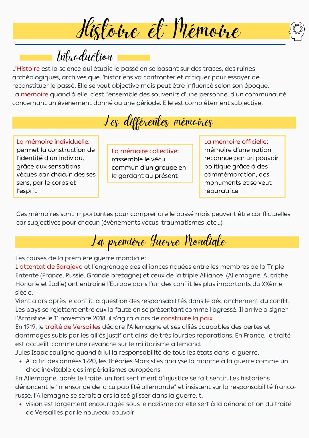 Histoire et Mémoire
Introduction
L'Histoire est la science qui étudie le passé en se basant sur des traces, des ruines
archéologiques, archi