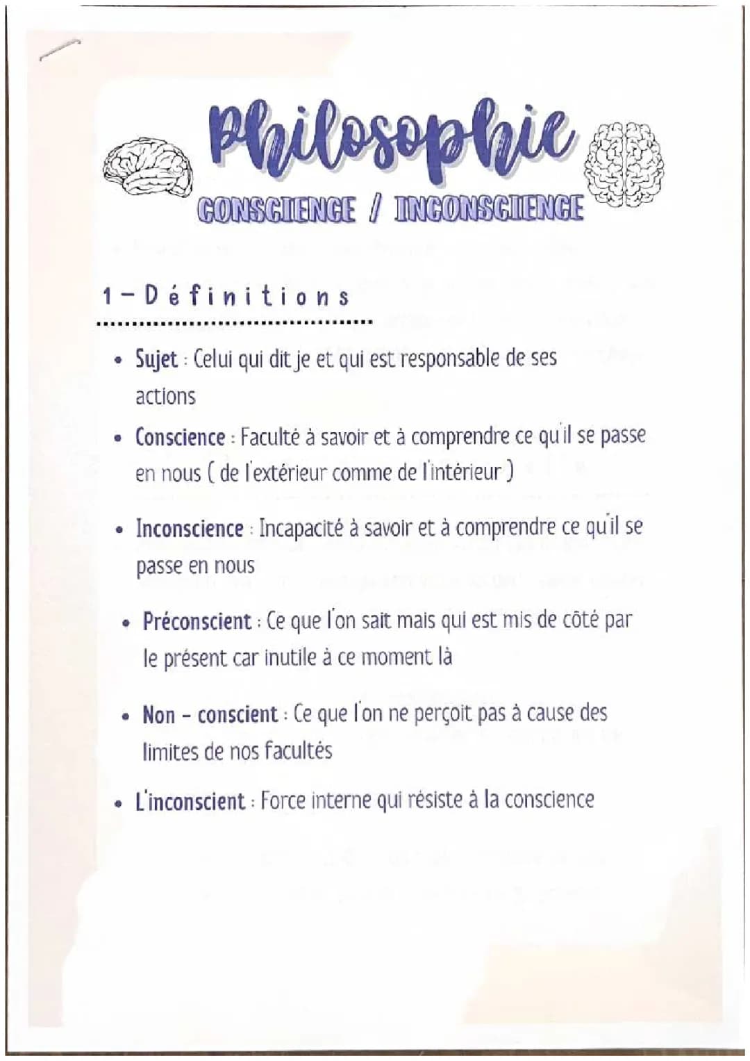 Fiche Philo: Conscience et Inconscient - Cours et Sujets Corrigés