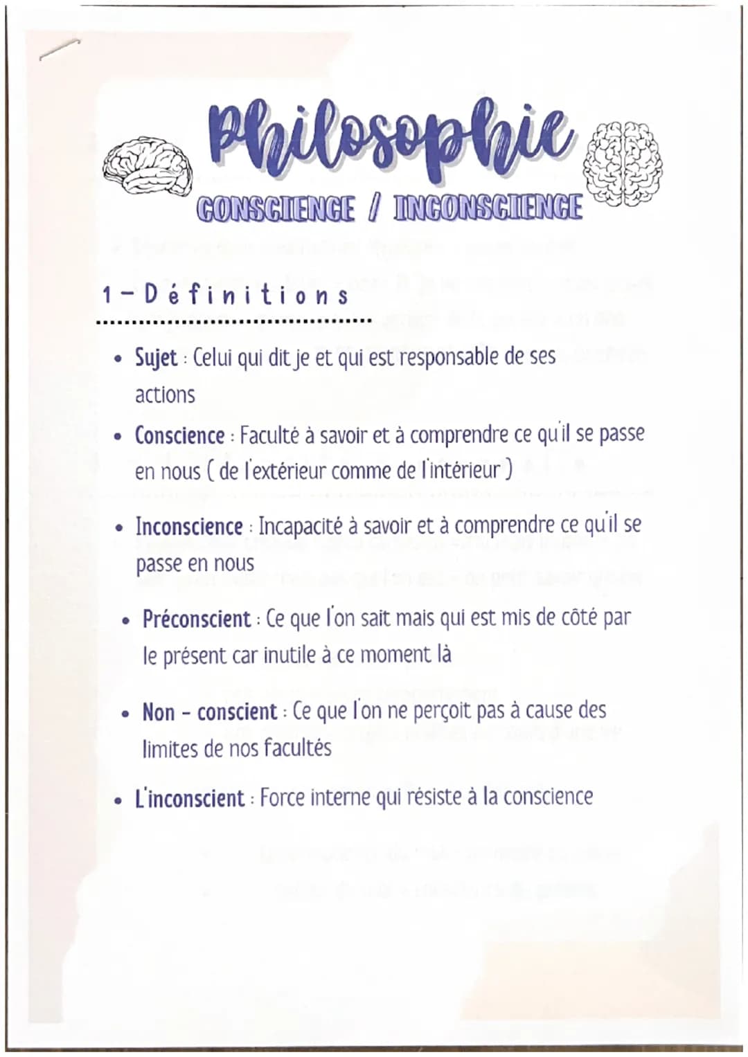 ●
1- Définitions
Sujet : Celui qui dit je et qui est responsable de ses
actions
●
●
philosophic
CONSCIENCE INCONSCIENCE
●
Conscience : Facul