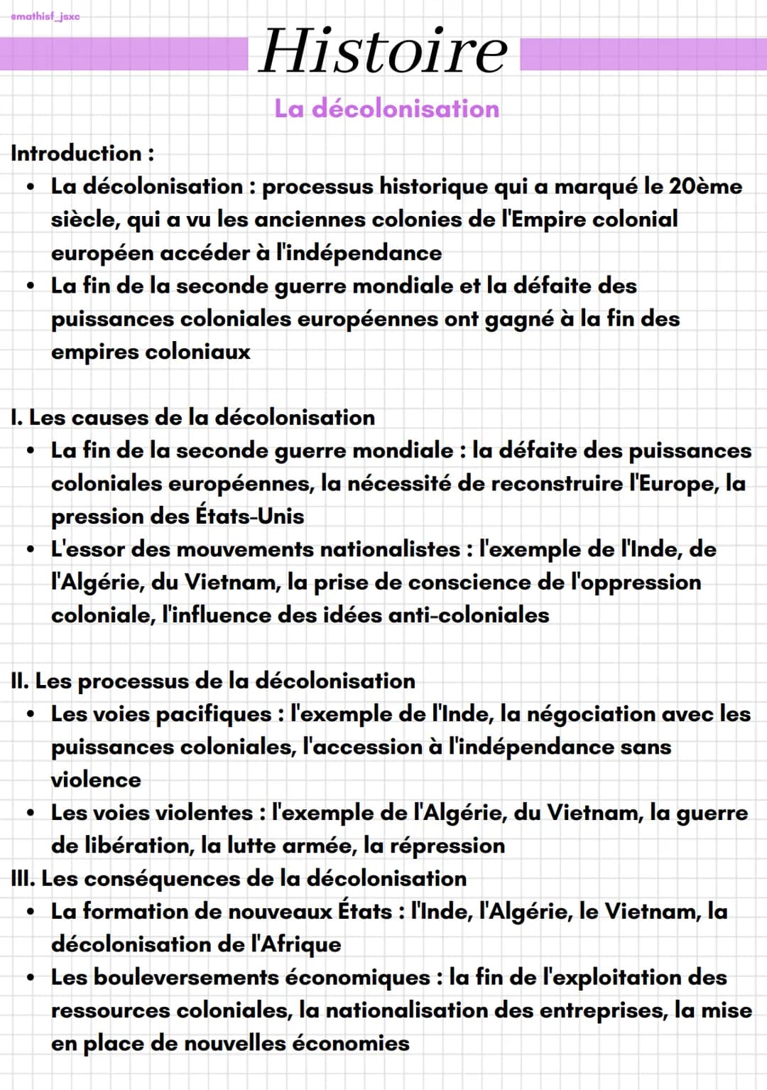 emathisf_jsxc
Histoire
La décolonisation
Introduction :
• La décolonisation : processus historique qui a marqué le 20ème
siècle, qui a vu le