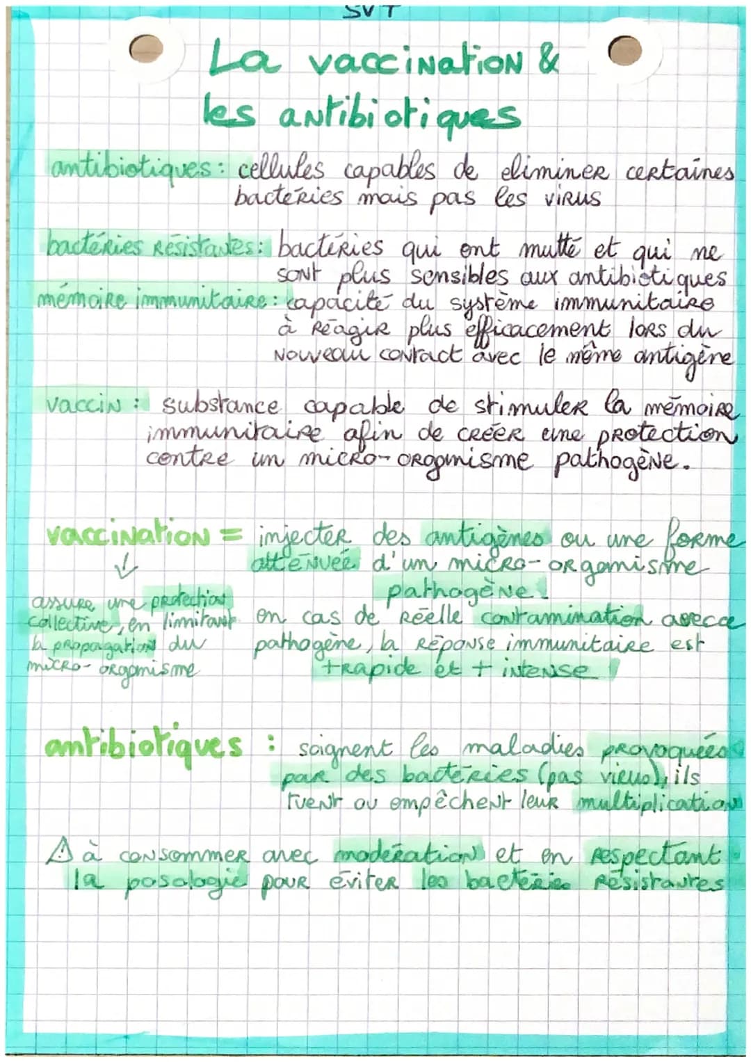 SVT
La vaccination &
les antibiotiques
antibiotiques : cellules capables de eliminer certaines
bacteries mais pas les virus
bactéries Résist