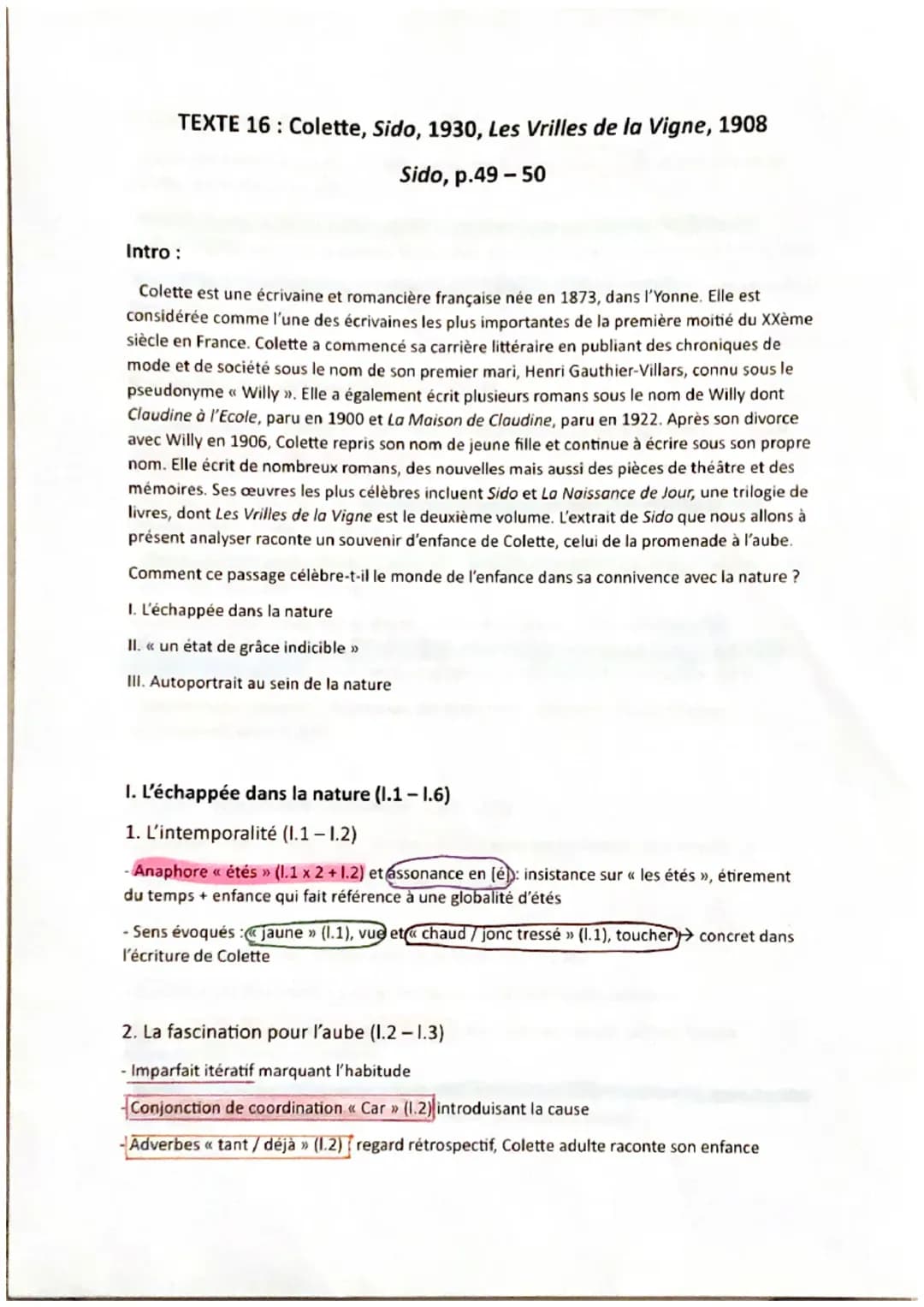 analyse linéaire d’un extrait de Sido