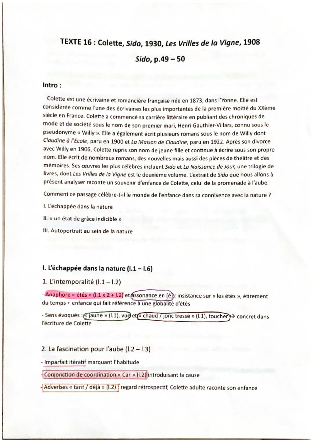 TEXTE 16: Colette, Sido, 1930, Les Vrilles de la Vigne, 1908
Sido, p.49 - 50
Intro :
Colette est une écrivaine et romancière française née e