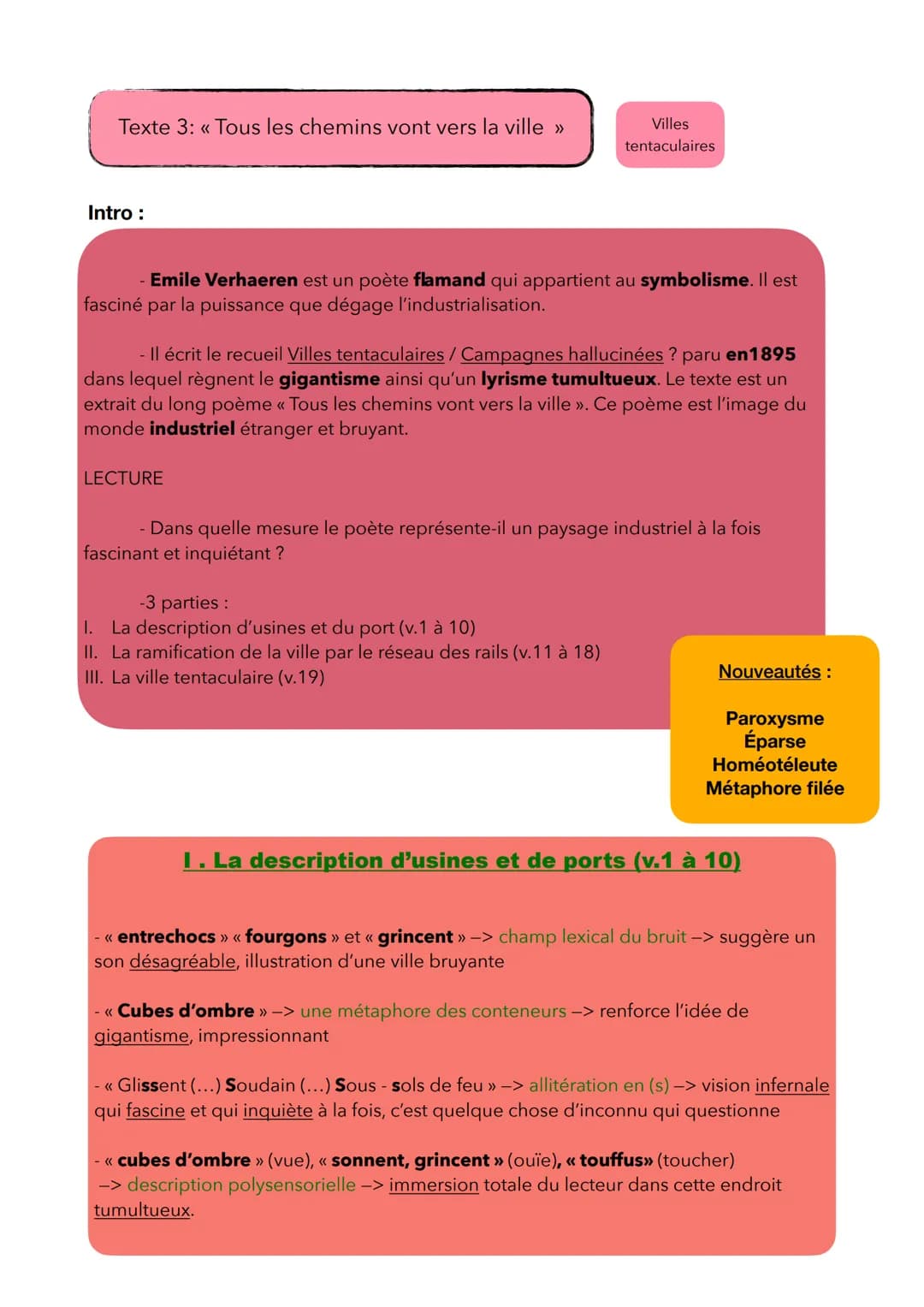 Texte 3: << Tous les chemins vont vers la ville »
Intro :
- Emile Verhaeren est un poète flamand qui appartient au symbolisme. Il est
fascin