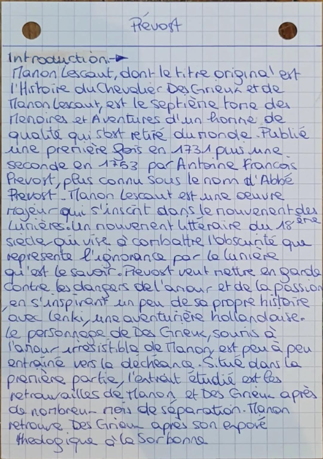 Introduction
Prevost
Manon Lescaut, dont le titre original est
L'Histoire du Chevalier Des Grieux et de
Manon Lescaut, est le septième tome 