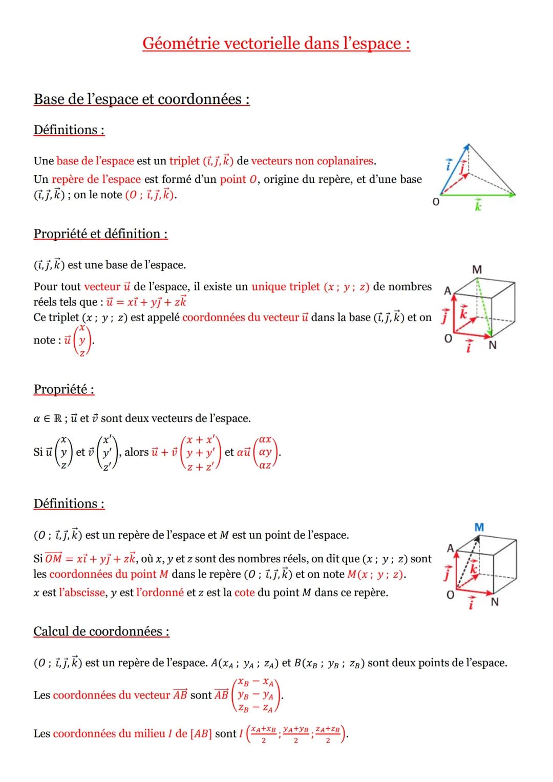 Base de l'espace et coordonnées :
Définitions :
Une base de l'espace est un triplet (7,j,k) de vecteurs non coplanaires.
Un repère de l'espa