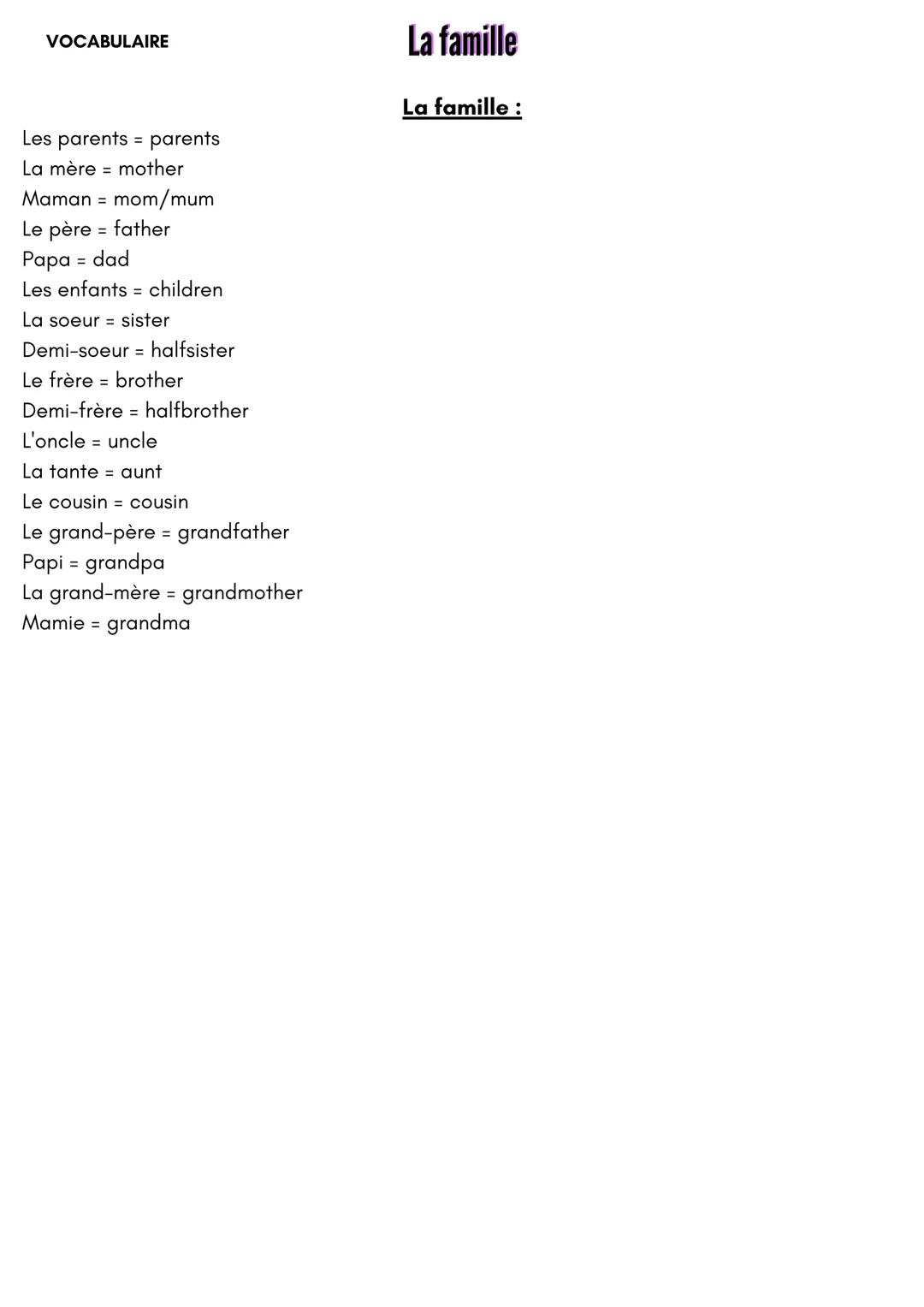VOCABULAIRE
Les parents = parents
La mère mother
Maman = mom/mum
Le père = father
Papa = dad
Les enfants children
La soeur sister
Demi-soeur