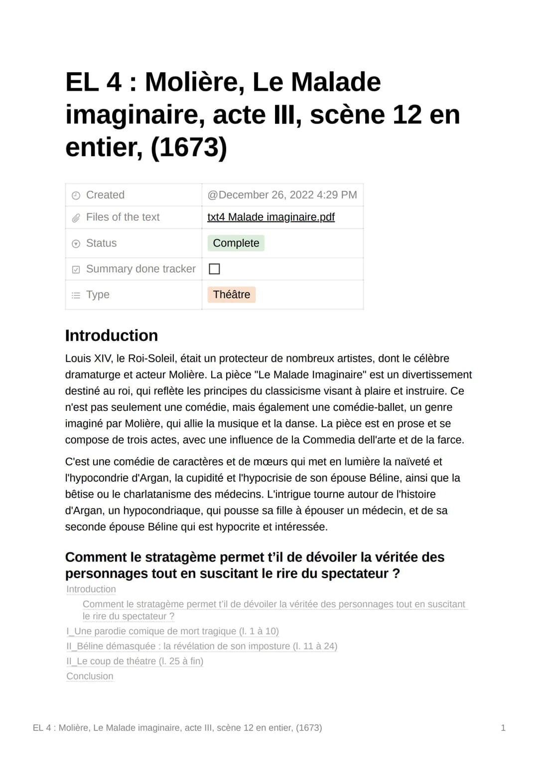 EL 4: Molière, Le Malade
imaginaire, acte III, scène 12 en
entier, (1673)
Created
Files of the text
Ⓒ Status
Summary done tracker
= Туре
@De