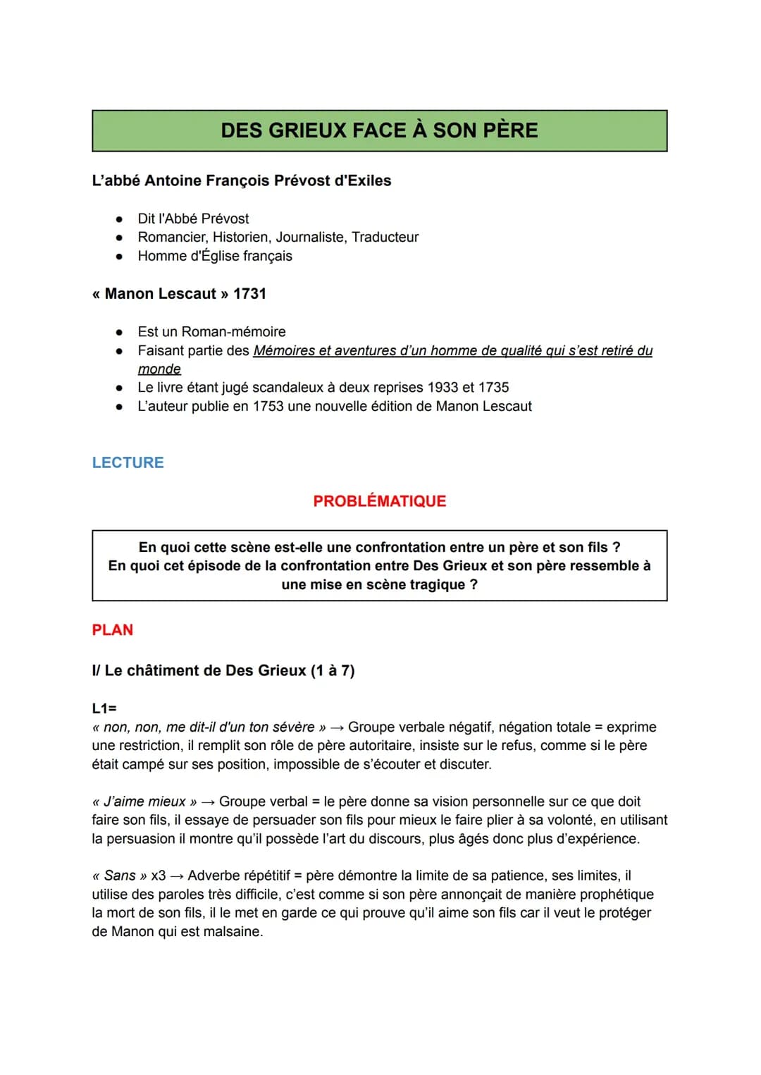 Manon Lescaut Résumé et Analyses: Des Grieux et Son Père
