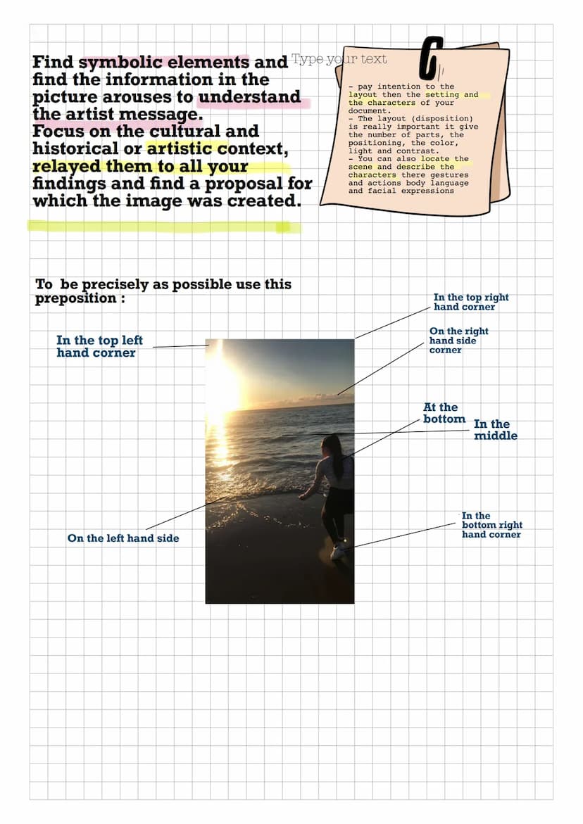 Analysing:
The author's name, the
date, the movement,
title and what is suggests
The places, real
or imaginary,
their
characteristics
and ro