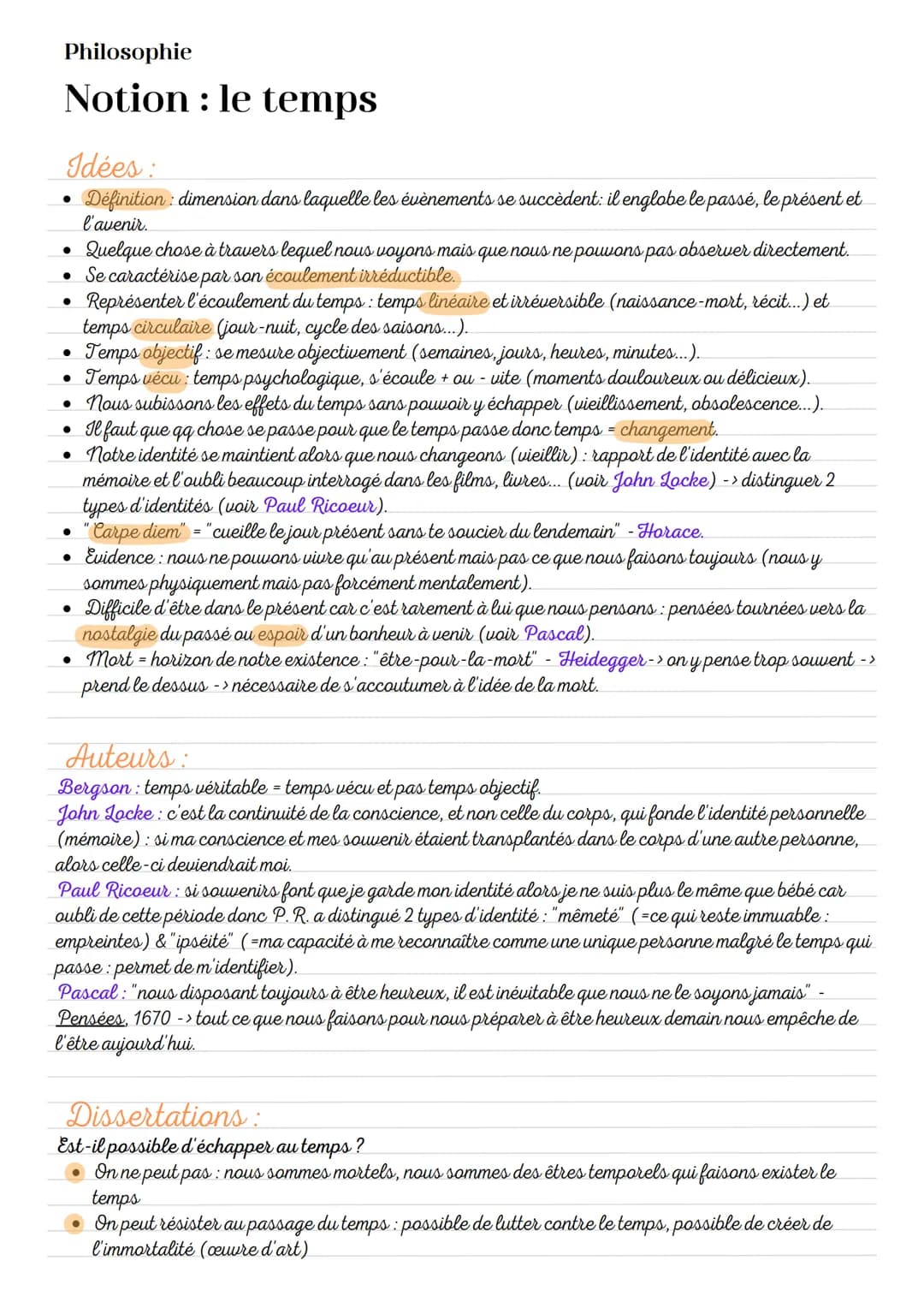 Philosophie
Notion : le temps
Idées:
Définition: dimension dans laquelle les évènements se succèdent: il englobe le passé, le présent et
l'a