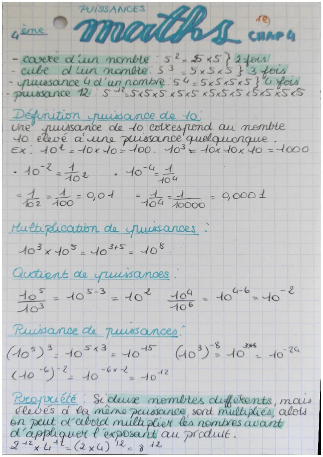 ème
maths
CHAP 4
- carte d'un nomble : 5²₂ $x5} 2 fois!
cube d'un nombre: 53 5x5x5 } 3 fois
puissance 4 d'un nombre 54-5x5x5x5} 4 fois
puiss