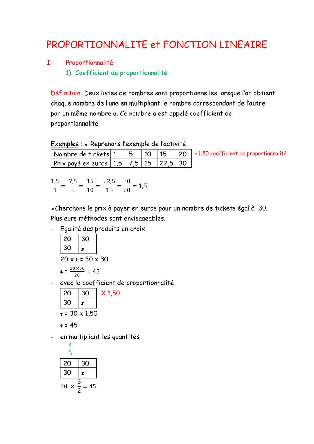 PROPORTIONNALITE et FONCTION LINEAIRE
I- Proportionnalité
1) Coefficient de proportionnalité
Définition Deux listes de nombres sont proporti