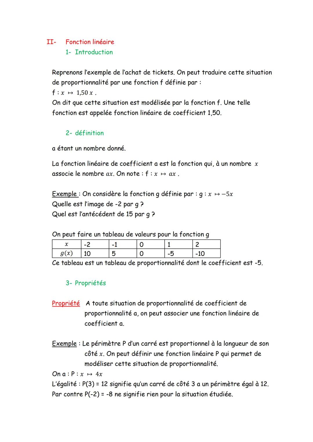 PROPORTIONNALITE et FONCTION LINEAIRE
I- Proportionnalité
1) Coefficient de proportionnalité
Définition Deux listes de nombres sont proporti