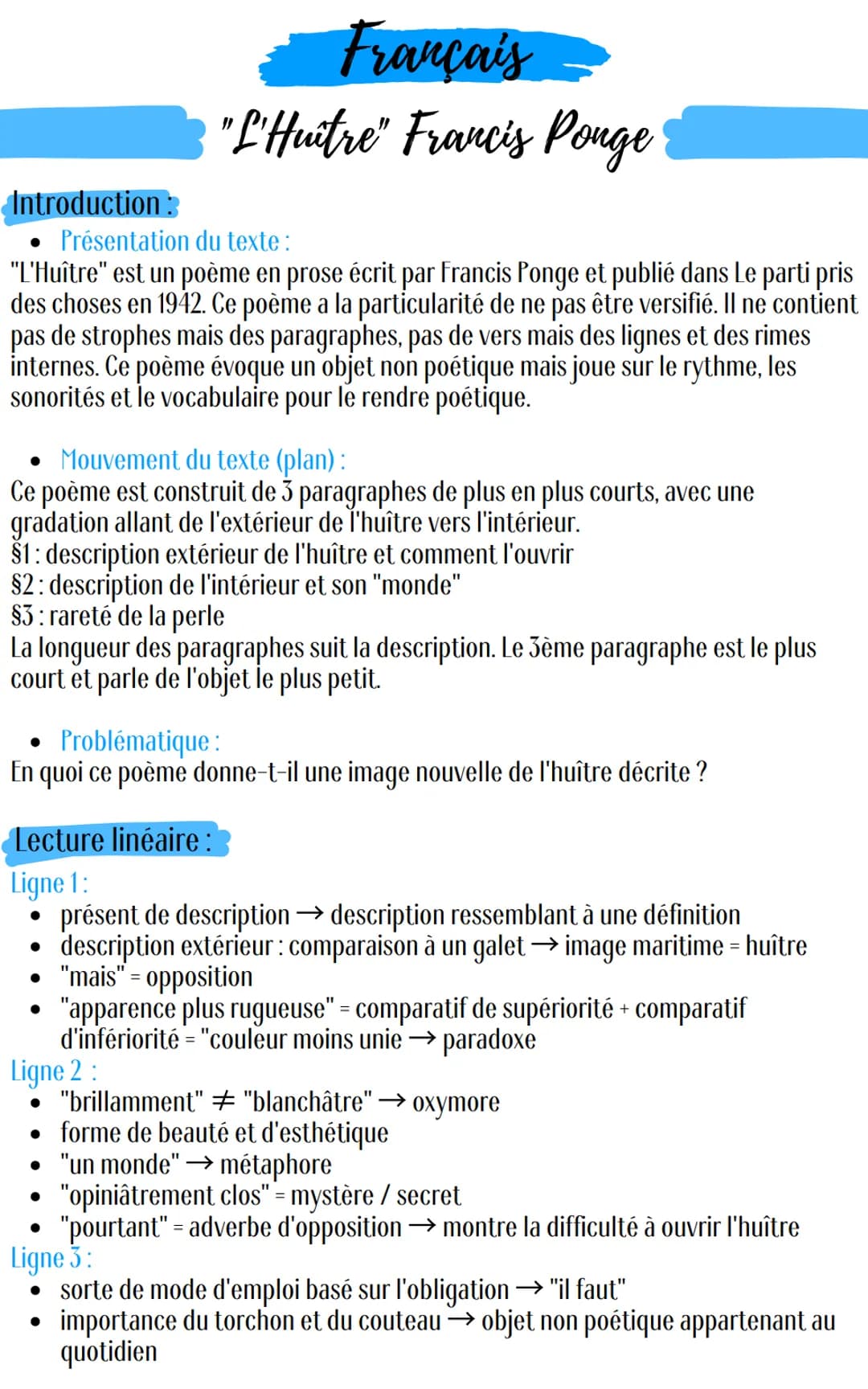 Introduction:
Français-
"L'Huitre" Francis Ponge
Présentation du texte :
"L'Huître" est un poème en prose écrit par Francis Ponge et publié 