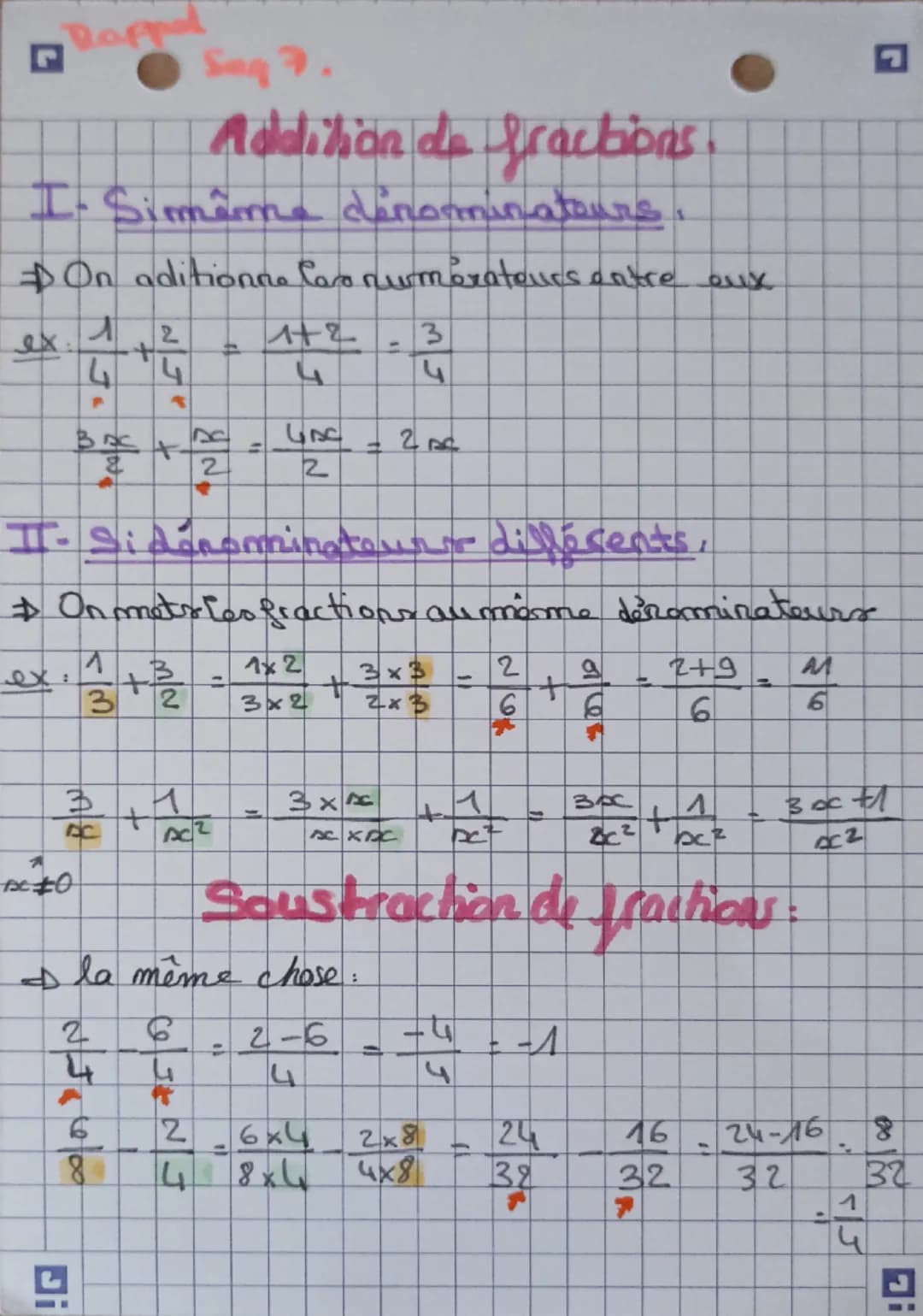 ◉
Rappe
Sng F.
Addition de fractions.
I- Simême dinominatours.
On aditionne for numerateurs entre eux
ex
Ꮧ
4
F
+
མ7
1+2.3
h
M/J
4
ง
I.
NB
=
