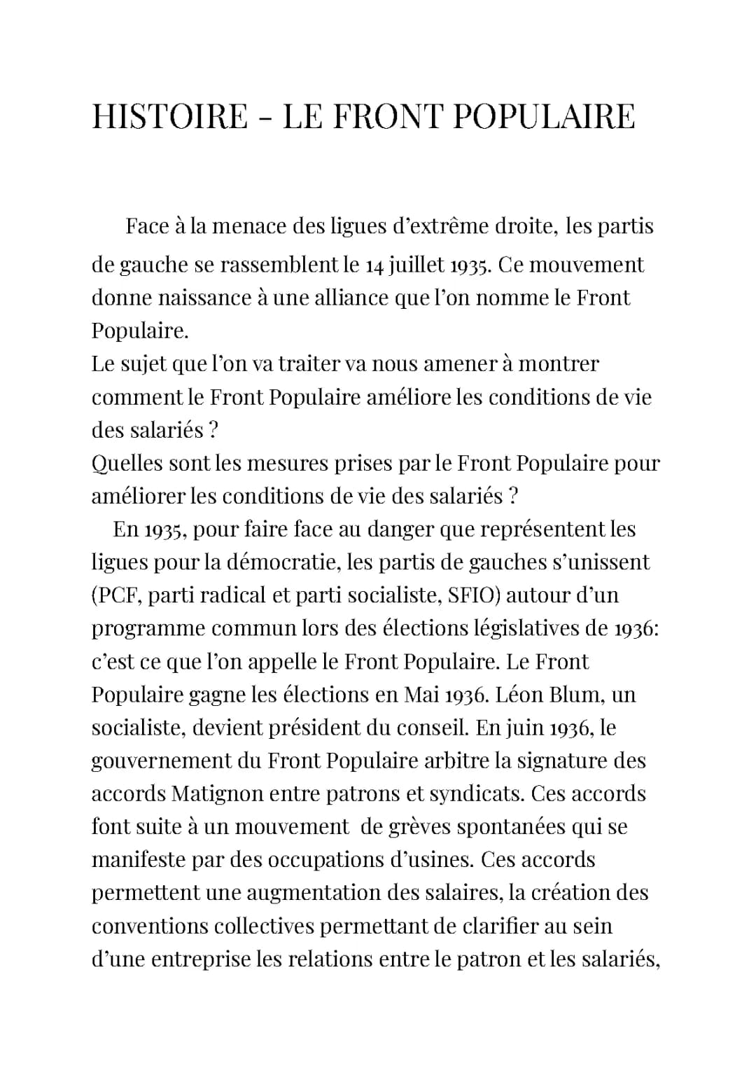 Le Front Populaire: Résumé et Mesures Sociales - 1936 et 2024