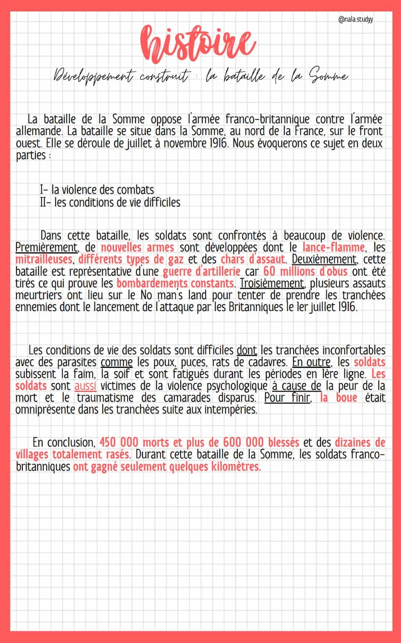 histoire
Développement construit la bataille de la Comme
1
En quoi la bataille de la Somme illustre-t-elle la violence des combats et les
di