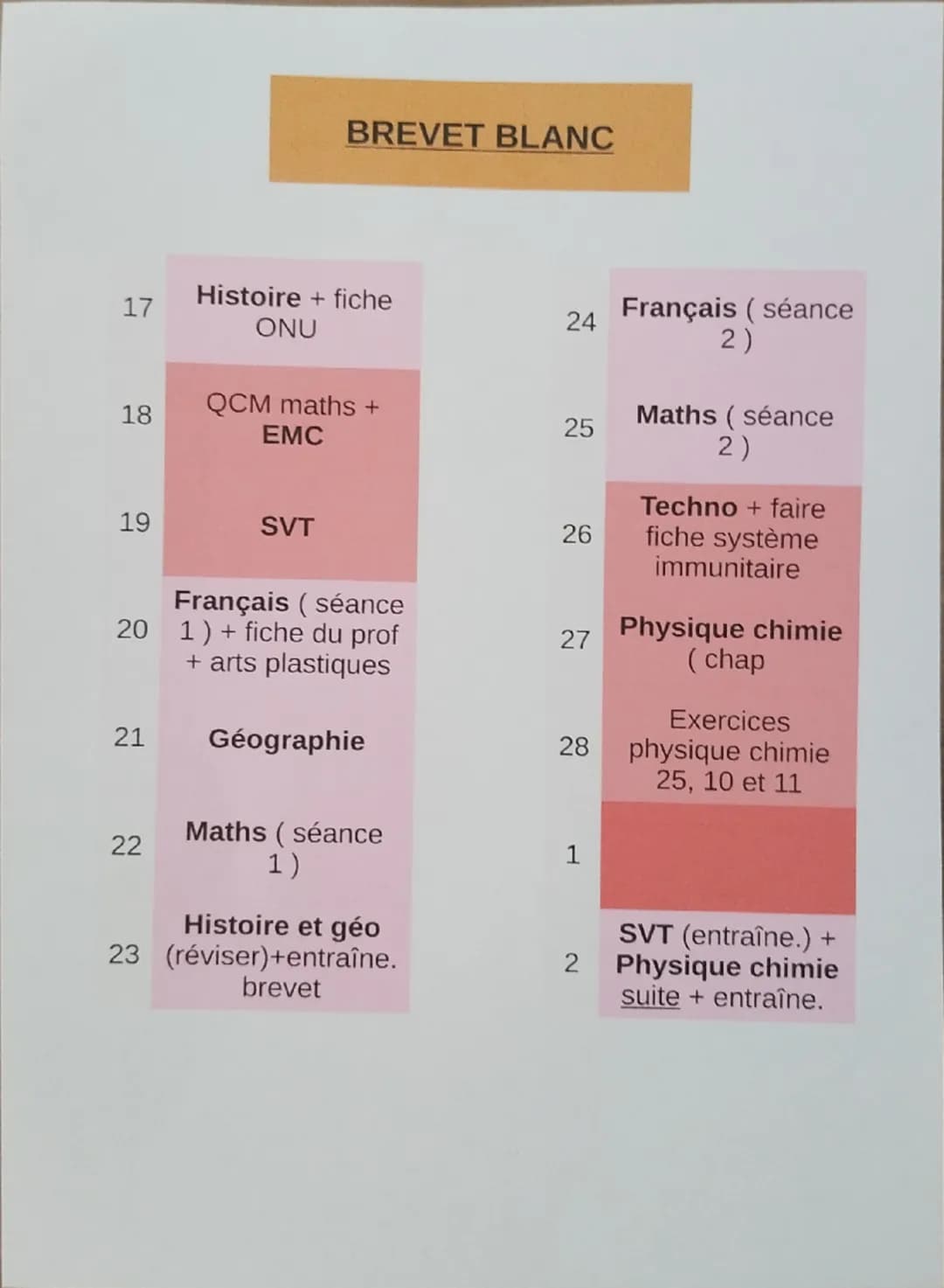 # BREVET BLANC

17 Histoire + fiche ONU

18 QCM maths + EMC

19 SVT

20 Français (séance 1) + fiche du prof + arts plastiques

21 Géographie