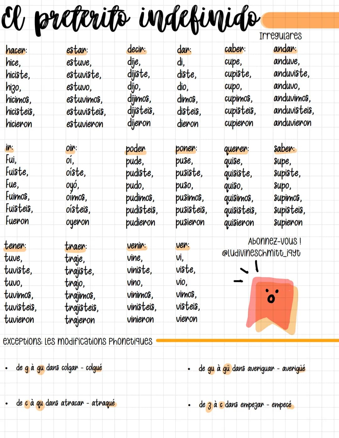 El preterito indefinido
hacer:
estar:
estuve,
hice,
hiciste,
estuviste,
hizo,
estuvo,
hicimos,
hicisteis,
hicieron
in:
Fui,
Fuiste,
Fue,
Fui