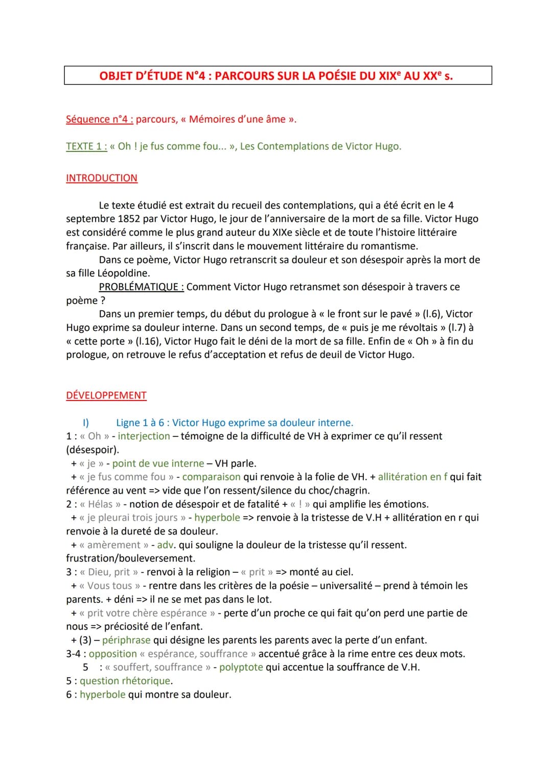 OBJET D'ÉTUDE N°4 : PARCOURS SUR LA POÉSIE DU XIX² AU XXe s.
Séquence n°4 : parcours, « Mémoires d'une âme »>.
TEXTE 1: << Oh ! je fus comme