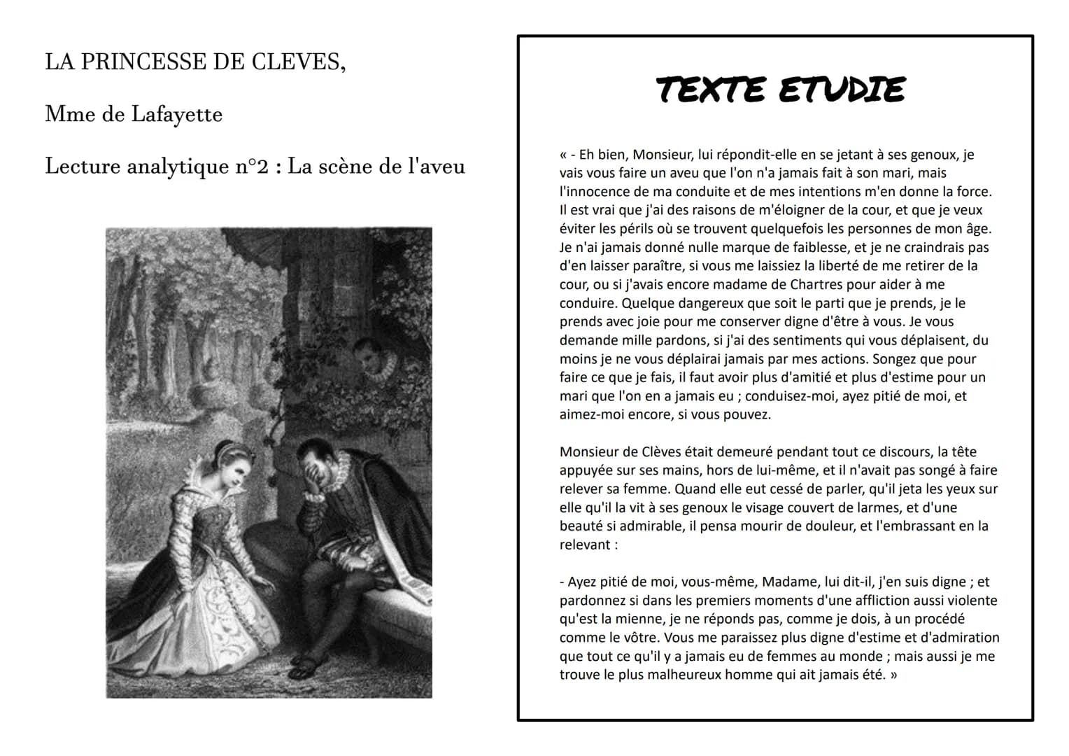 LA PRINCESSE DE CLEVES,
Mme de Lafayette
Lecture analytique n°2 : La scène de l'aveu
TEXTE ETUDIE
<< - Eh bien, Monsieur, lui répondit-elle 