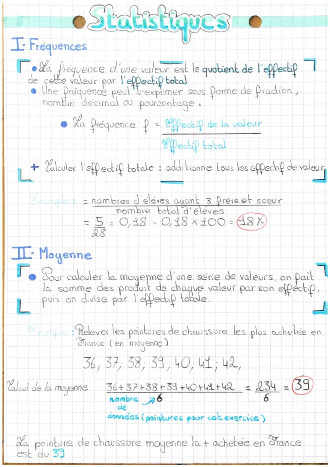 Statistiques
I. Fréquences
La fréquence d'une valeur est le quotient de l'effectif 7
de cette valeur par l'effectif total
Une préquence peut