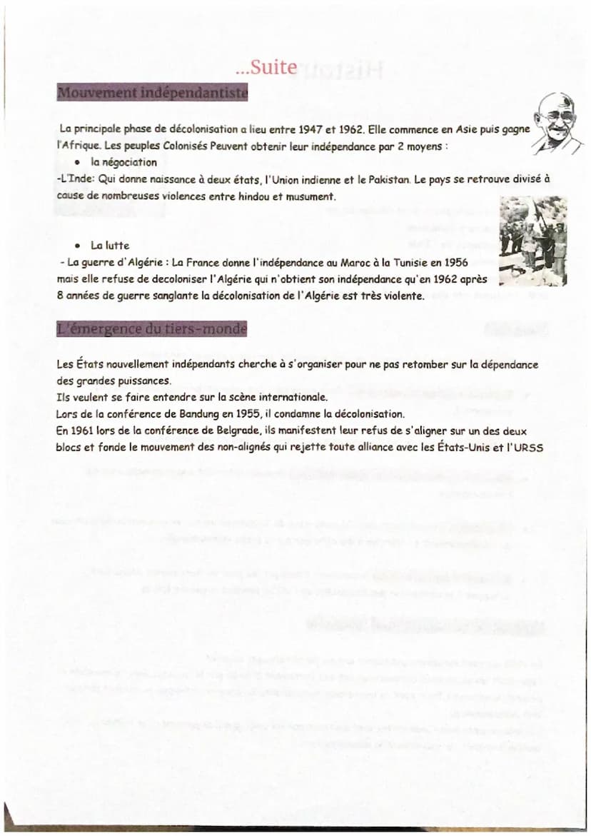 Histoire
Indépendance et nouveaux États,la décolonisation
Dates clés
1947-1962 : principale phase de la décolonisation
1946-1947: guerre d'I