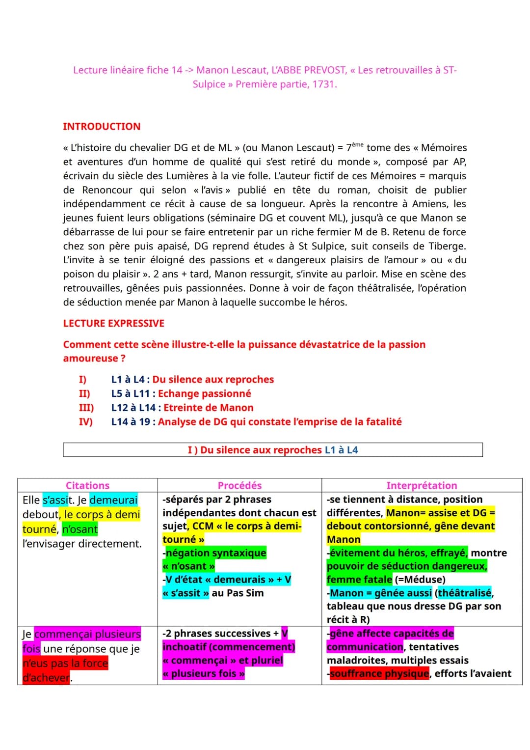 Lecture linéaire fiche 14 -> Manon Lescaut, L'ABBE PREVOST, <<< Les retrouvailles à ST-
Sulpice >> Première partie, 1731.
INTRODUCTION
<< L'