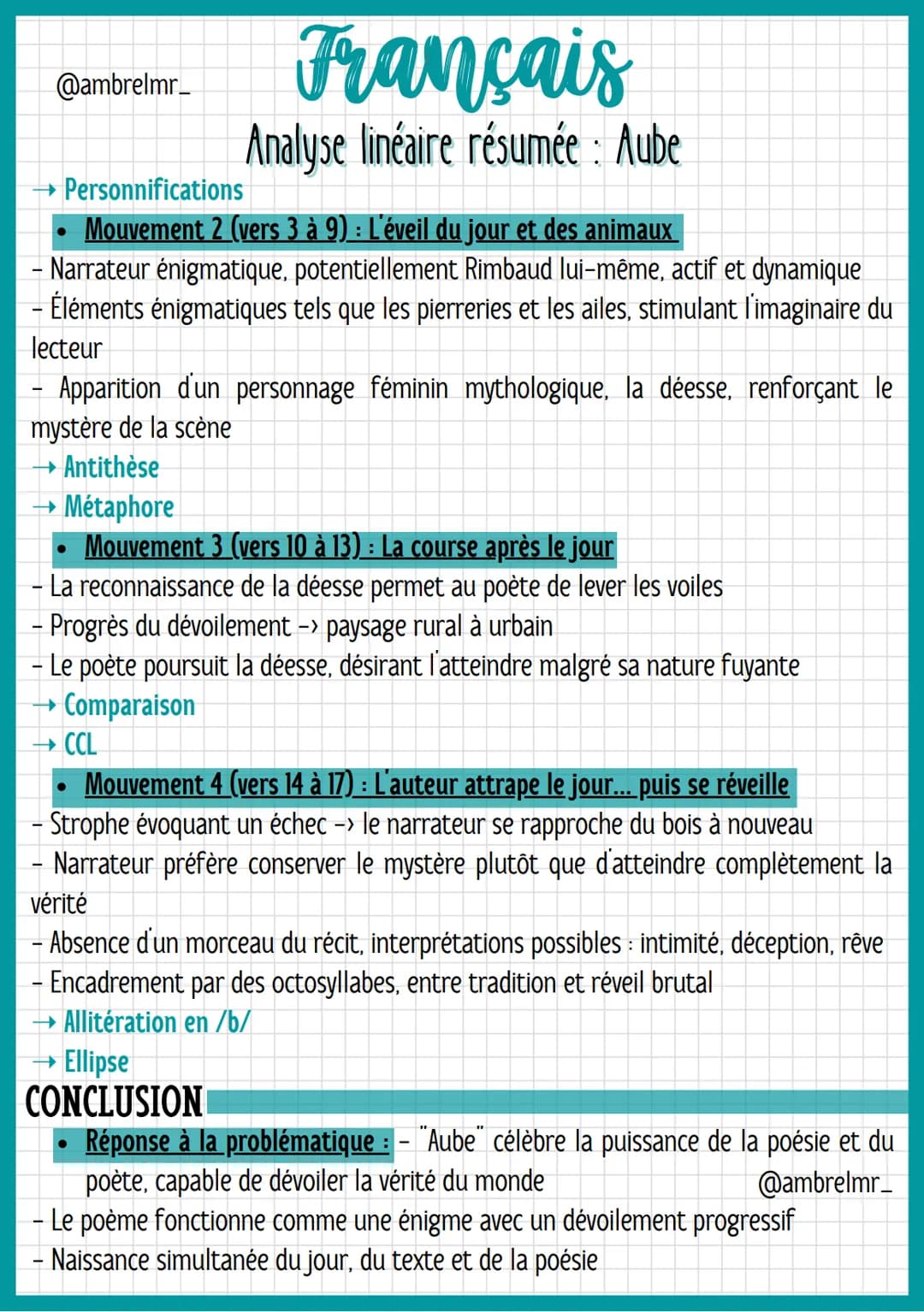 @ambrelmr_
INTRODUCTION
-
Français
Analyse linéaire résumée : Aube
Présentation du texte :
→ Auteur : - Rimbaud = figure énigmatique et ambi