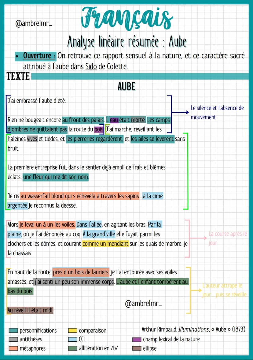 @ambrelmr_
INTRODUCTION
-
Français
Analyse linéaire résumée : Aube
Présentation du texte :
→ Auteur : - Rimbaud = figure énigmatique et ambi