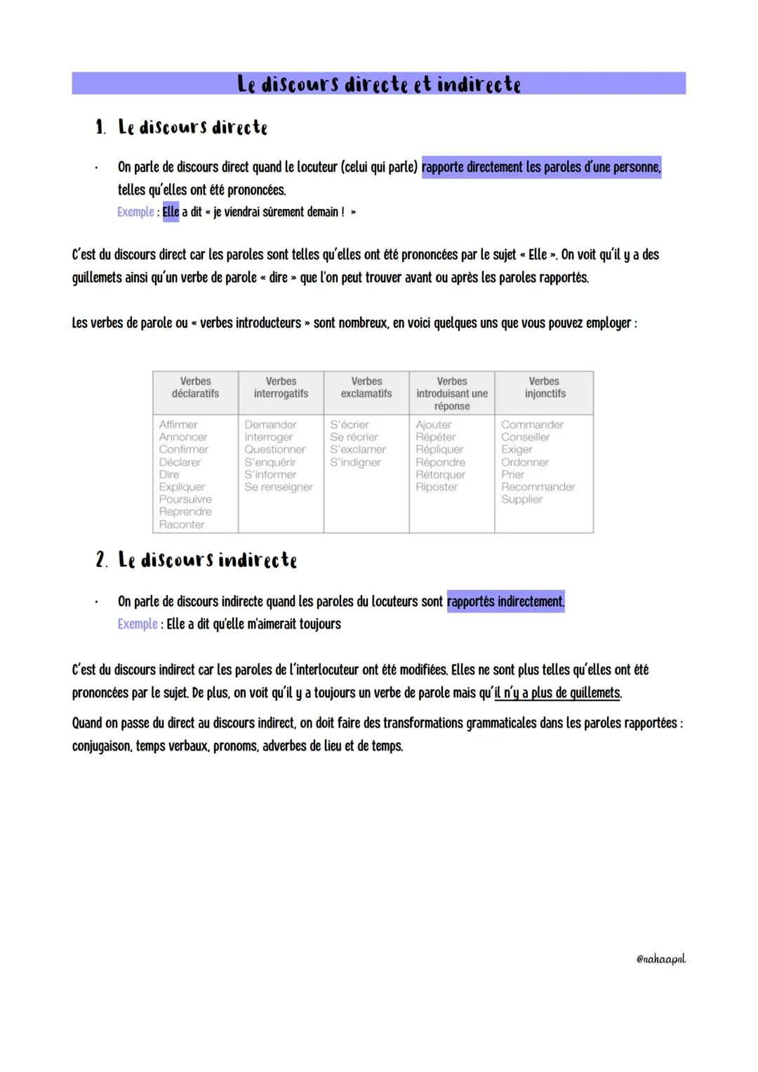 1. Le discours directe
On parle de discours direct quand le locuteur (celui qui parle) rapporte directement les paroles d'une personne,
tell