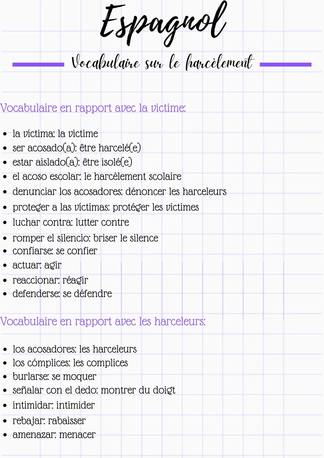 # Espagnol

Vocabulaire sur le harcèlement

Vocabulaire en rapport avec la victime:

- la víctima: la victime
- ser acosado(a): être harcelé