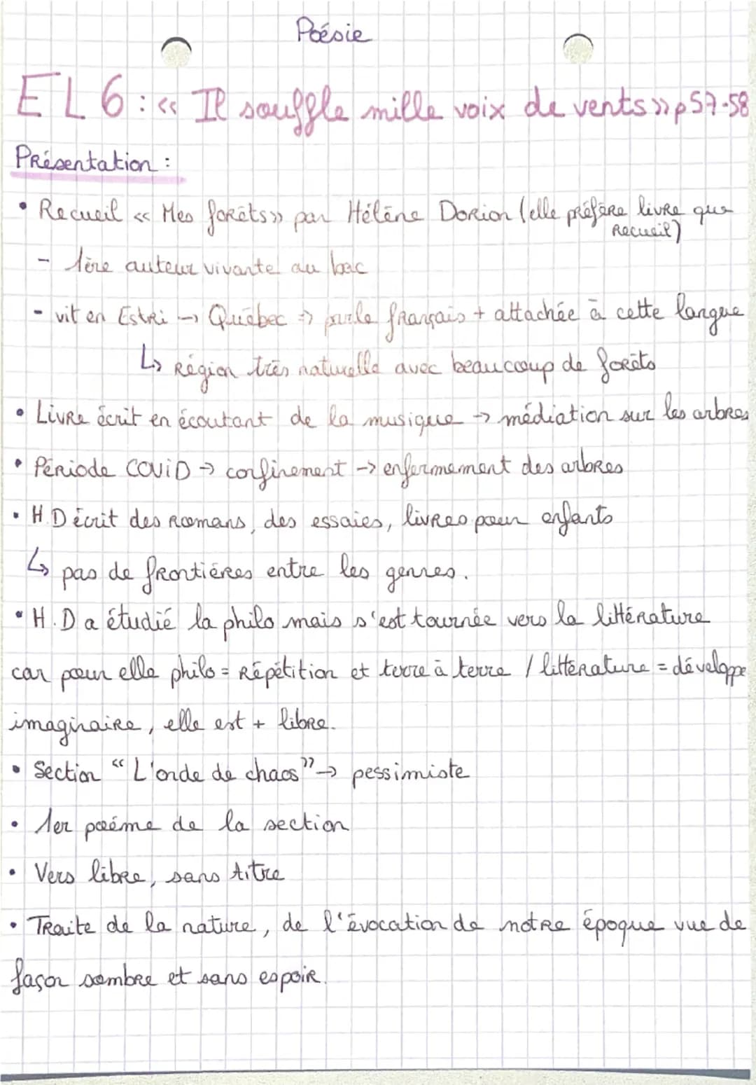 EL6
Poésie
: « Il souffle mille voix de vents >> p 57-58
Présentation:
• Recueil << Mes forêts» par Hélène Dorion (elle préfère livre que
°
