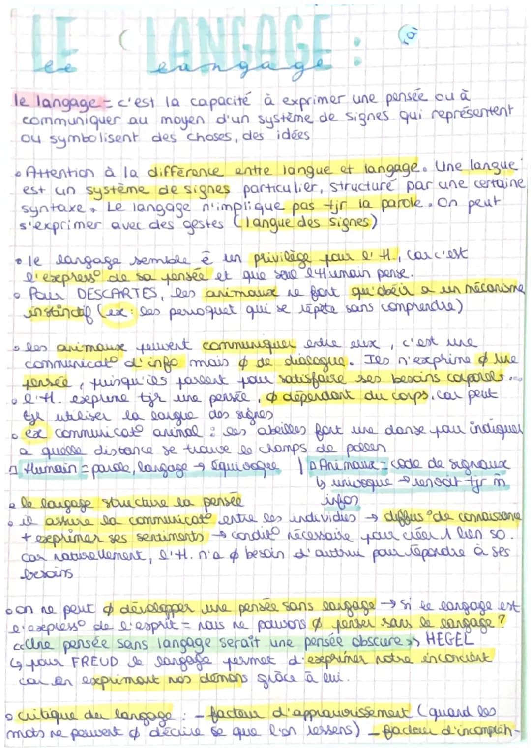 LE
LANGAGE
le langage = c'est la capacité à exprimer une pensée ou à
communiquer au moyen d'un système de signes qui représentent
ou symboli