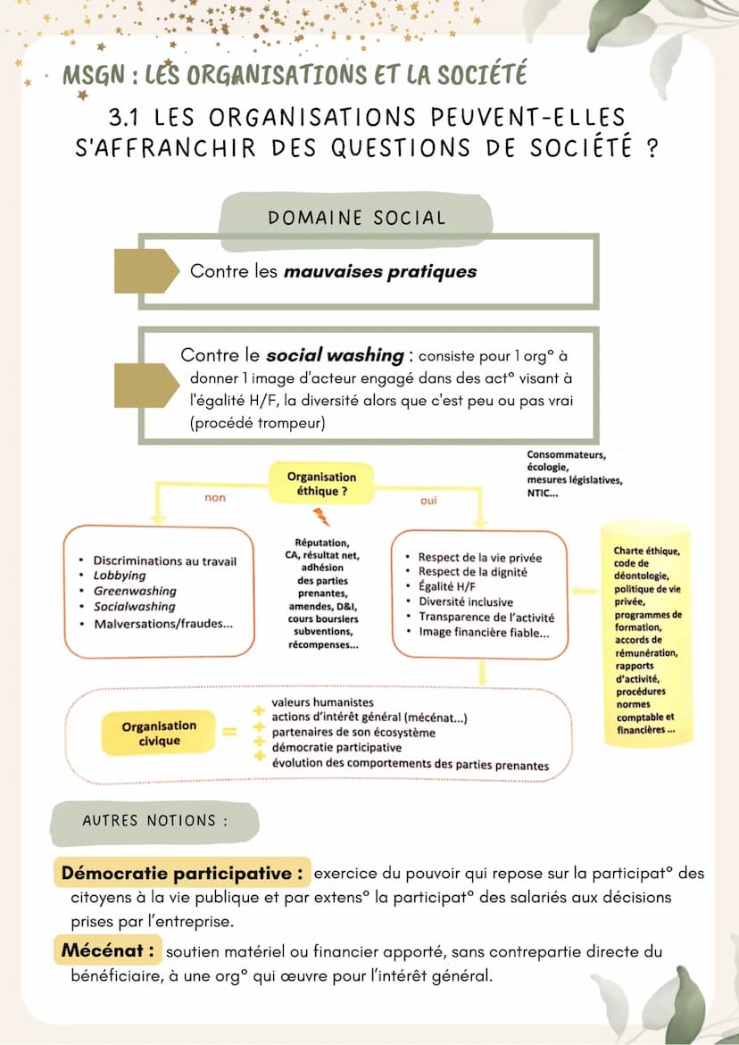 th
MSGN: LES ORGANISATIONS ET LA SOCIÉTÉ
3.1 LES ORGANISATIONS PEUVENT-ELLES
S'AFFRANCHIR DES QUESTIONS DE SOCIÉTÉ ?
ÉTHIQUE
Réflexion sur l