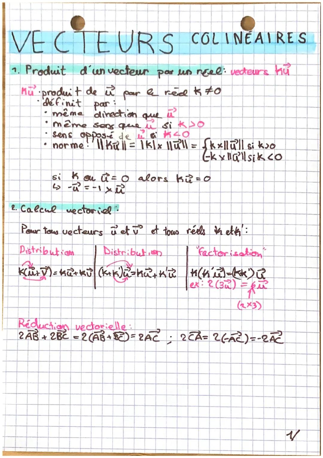 # VECTEURS COLINEAIRES

1. Produit d'un vecteur par un reel: vedeurs $k\vec{u}$

$M\vec{u}$ produit de $\vec{u}$ par le red $k\neq0$
- défin